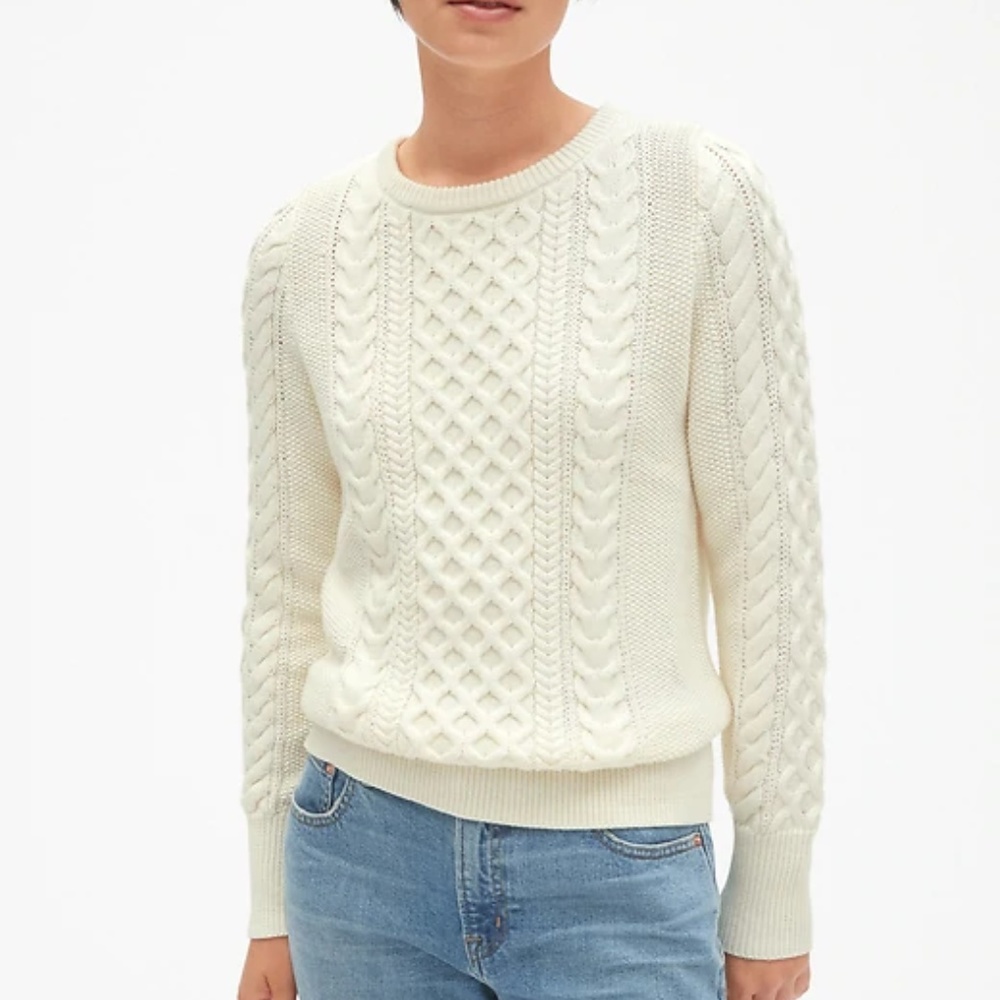 GAP White Cable-Knit Crewneck Pullover Sweat